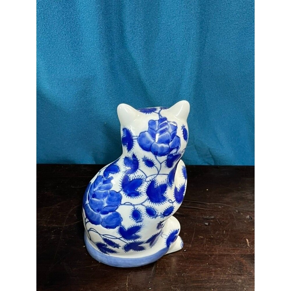 Vintage Blue&White Chinoiserie (Qing Dynasty Replica) Porcelain Cat Figurine - Picture 3 of 6
